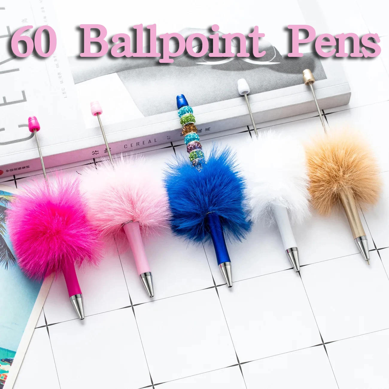 

60Pcs plush Ballpoint Pen Ball Pen for Students Office School Mixed Colors Beads Pens