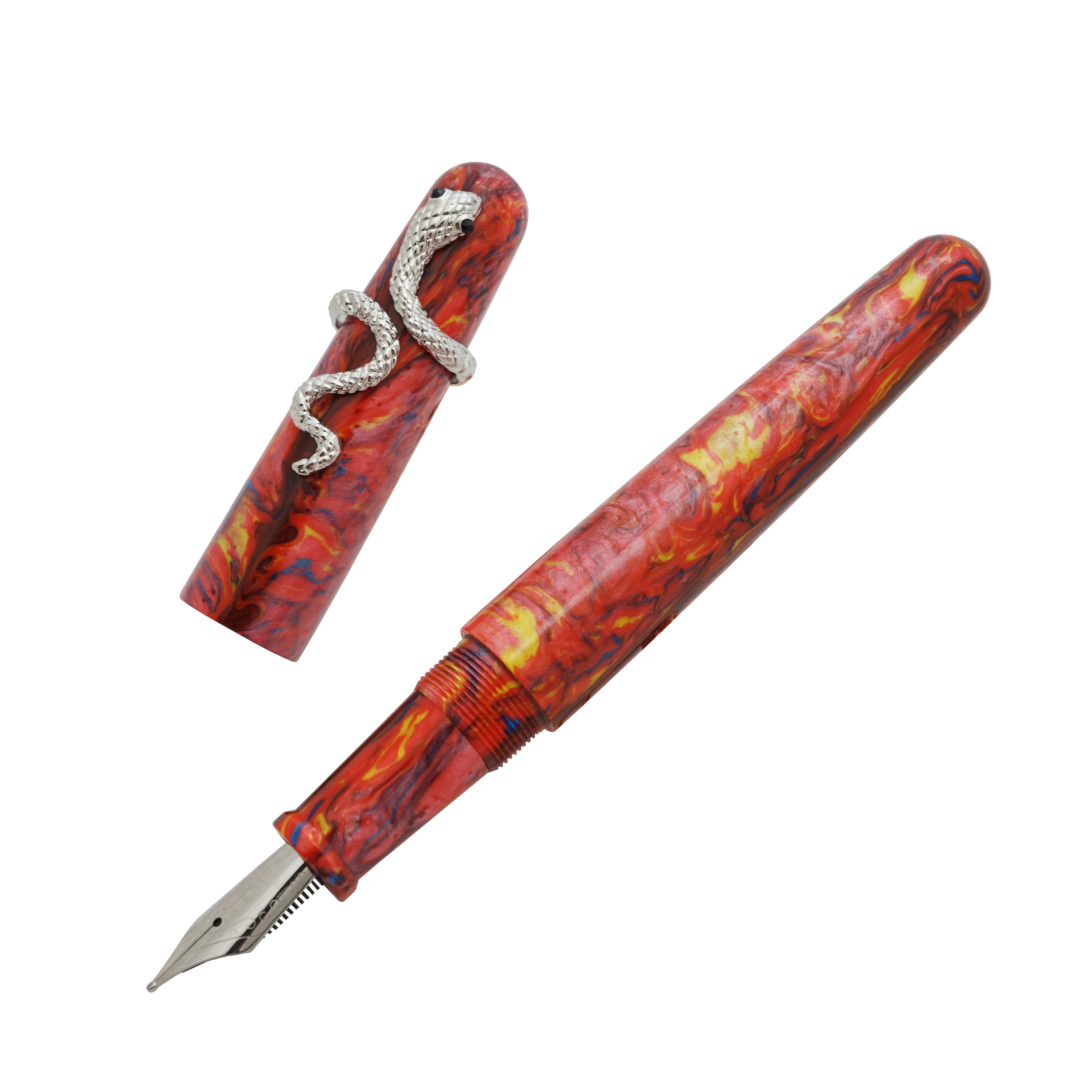 

Fuliwen 017 Fountain Pen Red Resin Acrylic Big Size Ink Pen with Unique Silver Snake Ring EF/F/M Luxury Gift for Office Home