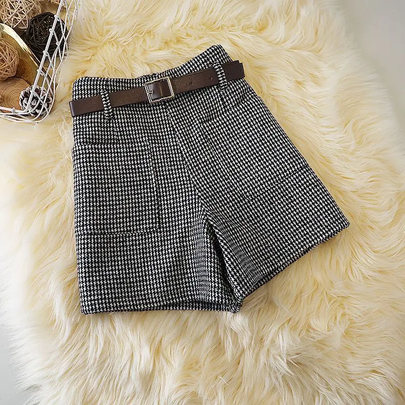 Women's Retro Houndstock Pockets Zipper Autumn and Winter High Waist New Fashion All Match Woolen Wide Leg Korean A-line Shorts