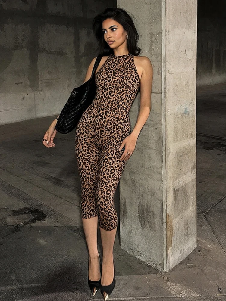 Nibber Sexy Leopard Print Romper Women Flocking Backless Tight Bandage Midnight Hipster Street Activity Sleeveless Playsuits