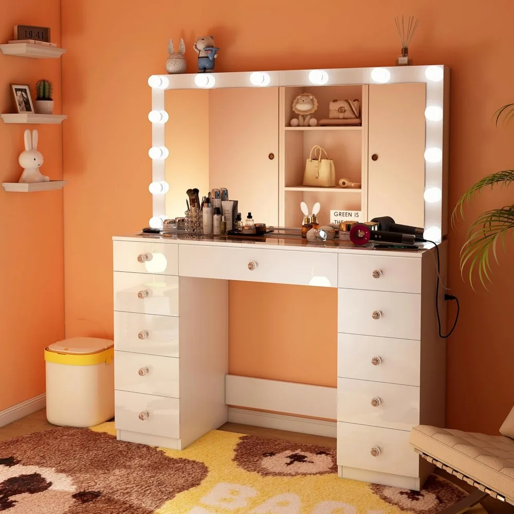 Vanity Desk with Power Outlet, Makeup Vanity with Mirror and 14 LED Light, 3 Lighting Modes,11 Drawer Vanity Table with Sl 4