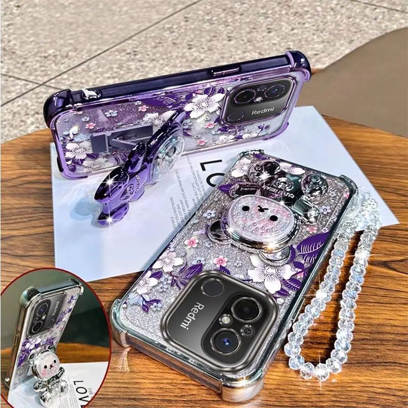 Elegant Purple Floral Plating Phone Case with Stand and Lanyard Attachment