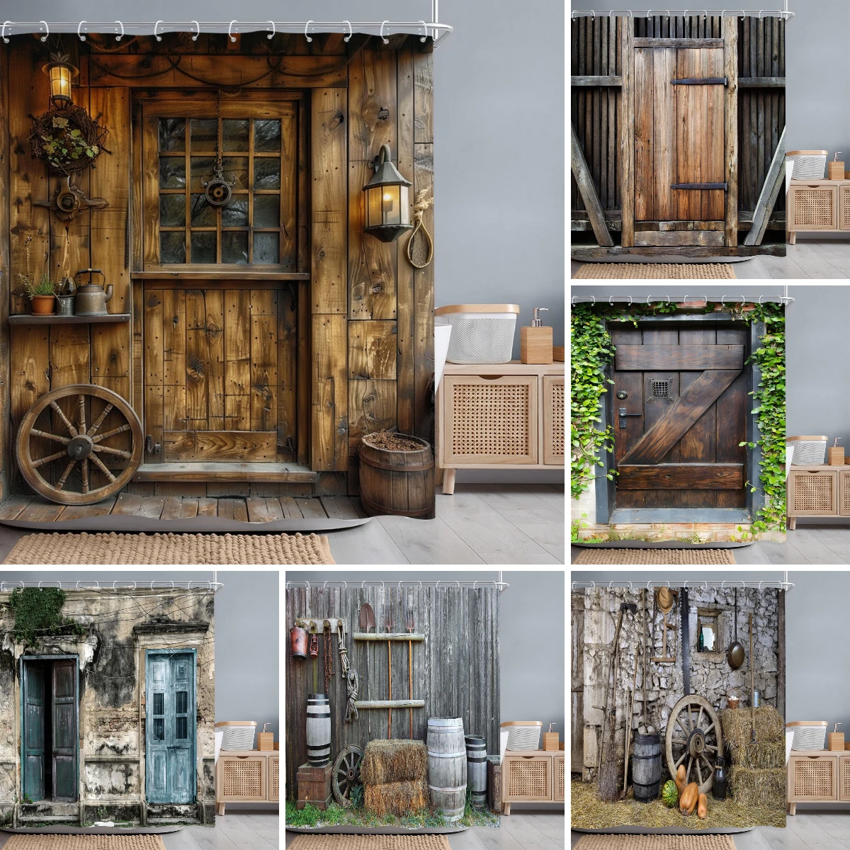 Rumlly Tenda da doccia vintage Rustico Fattoria Porta del fienile Ruota di legno Foglie verdi Tende da bagno retrò Decorazioni per il bagno con ganci 80x180 cm