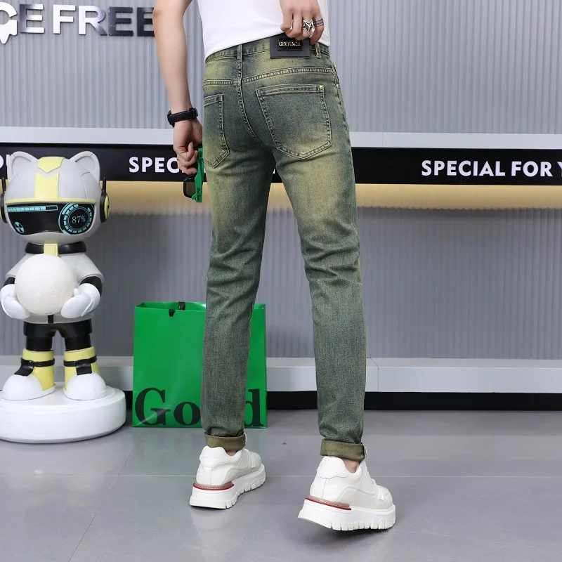 Newly Fashion Designer Men Jeans Retro Green Blue Slim Fit Ripped Jeans Men Trousers Vintage Casual Cotton Denim Pants Hombre