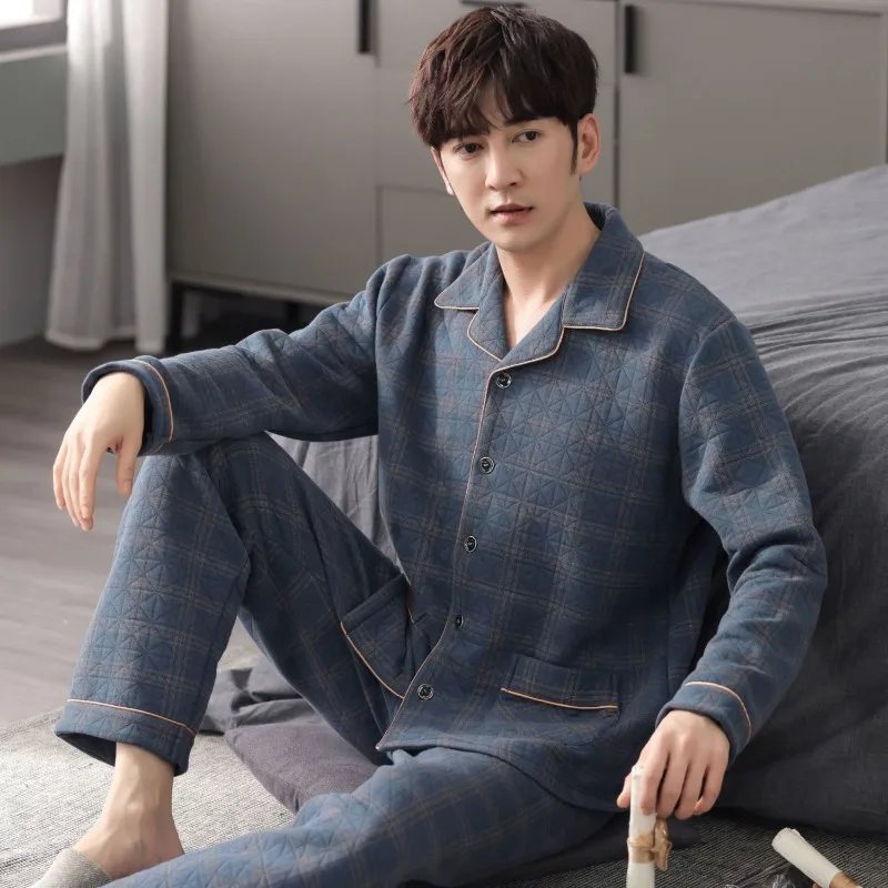 2024 New Autumn Winter Pure Cotton Pajamas Men's Thickened Interlayer Cotton Warm Sleepwear Set V-neck Loose Large Size Homewear