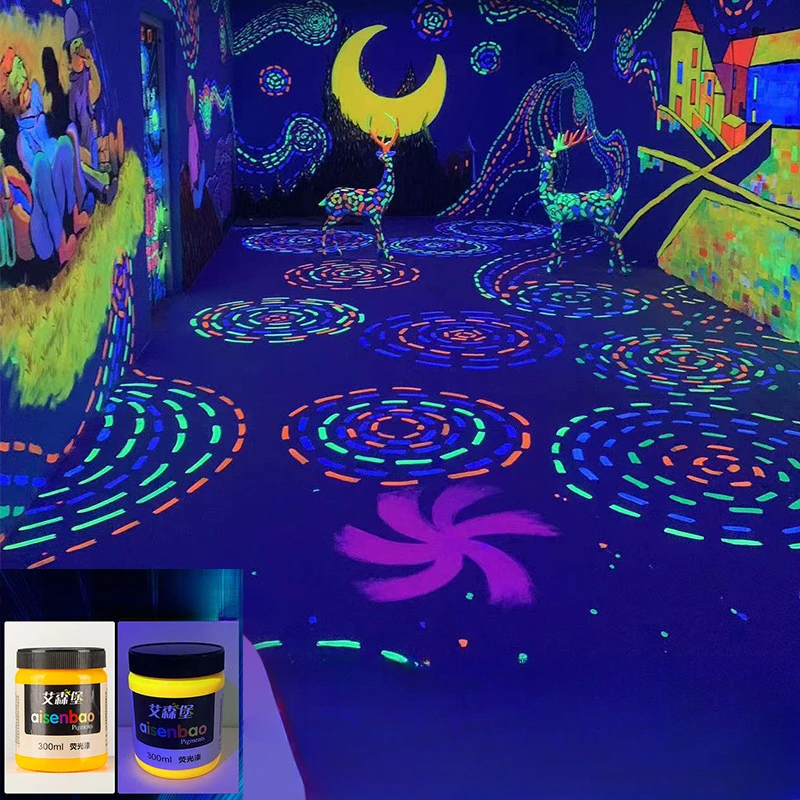 蛍光アクリル絵の具、高輝度の特徴的なガラスコーティング、学生手描き