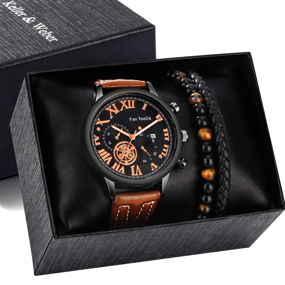 Luxury Watch Men Set Gift Brown Steampunk Quartz Watches with Calendar for Men Exquisite Bracelet Gifts Box reloj para hombres