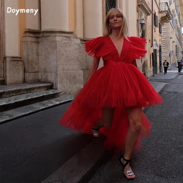 Doymeny High-low Evening Dresses Puffy Ruffled V Neck  Prom Dresses Dubai Saudi Arabi Formal Girl Gown dresses for prom Ranked Product Recommendation
