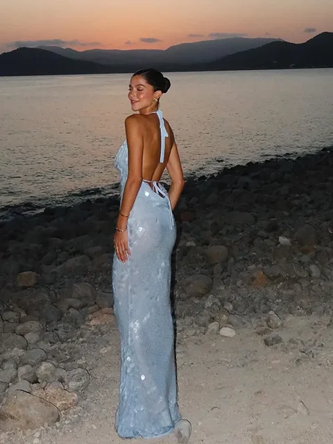 Grande robe queue de poisson à paillettes licou Sexy paillettes dos nu col suspendu plage longues Robes à lacets coupe ajustée femmes Robes été nouveau