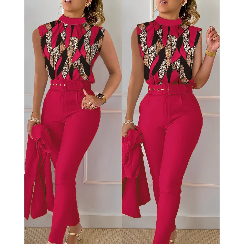 Summer Two Piece Slim Suit Sets Workwear Female Office Lady Casual Leopard Print Sleeveless Top & Pants Set for Women With Belt