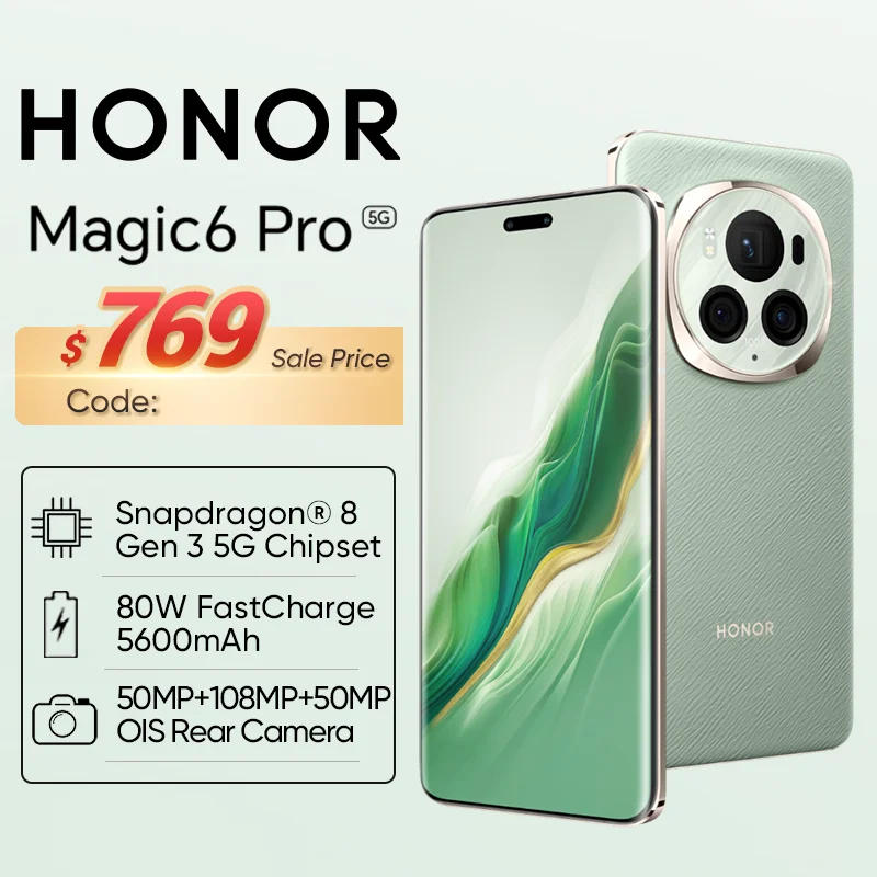 HONOR 오리지널 잠금 해제 스마트폰, Magic6 Pro 5G, 스냅드래곤 8 Gen 3, 80W, 5600mAh, 5000nits, 180MP 잠망경 카메라, OIS NFC 적외선