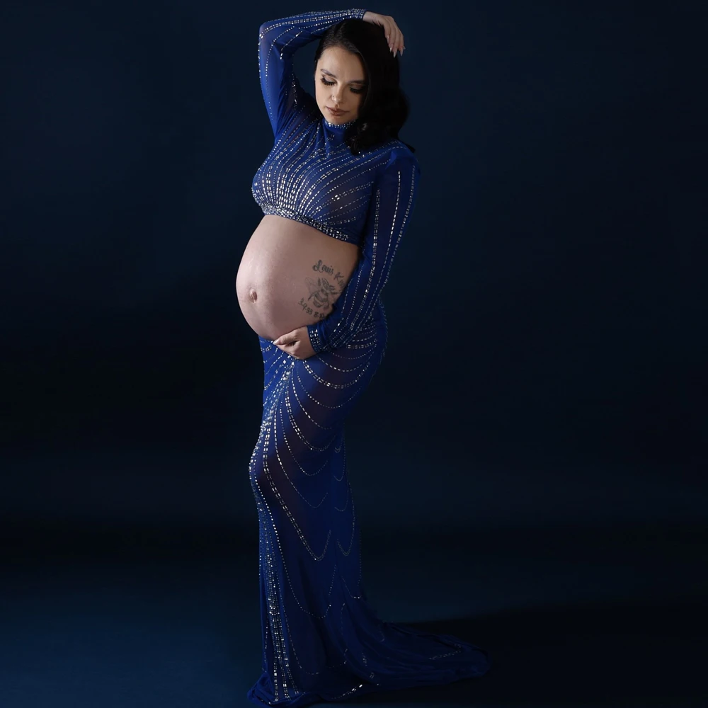 Maternity Photography Clothing Party Dresses Elastic Mesh Nail Drill Dress Photo Shoot Photography Dress For Women - 3