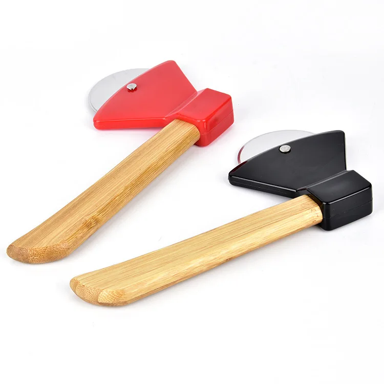 Axe Bamboo Handle Pizza Cutter Rotating Blade Home Kitchen Cutting Tool