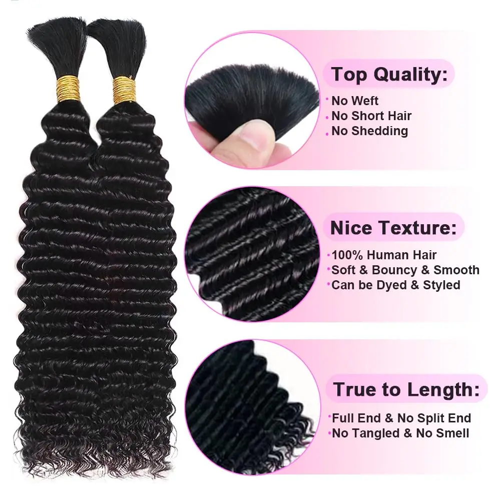 1 3 4 Bundles 16 Inch Brazilian Virgin Deep Wave Bulk Human Hair for Boho Braids 100G 12A Quality Braiding Hair Extensions 2