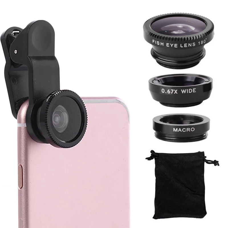 3 In1 Fish Eye Lens 0.67X Zoom Grandangolare Fisheye Macro Lens Kit Fotocamera Con Clip Obiettivo Universale Per Iphone 13 Xiaomi Huawei