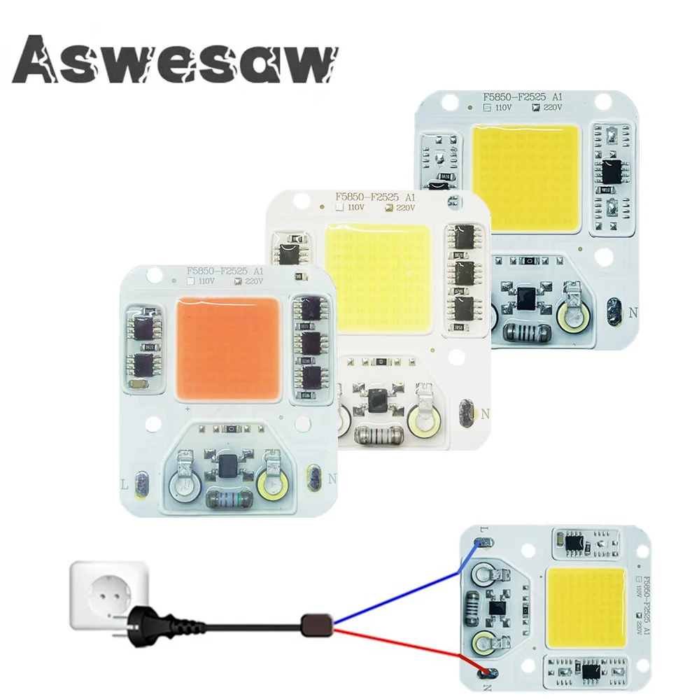 Aswesaw Led Chips COB Diode Light Source 20W 30W 50W 220V/110V Driver Free for Flood Lamp Spotlight Surge Protector DIY