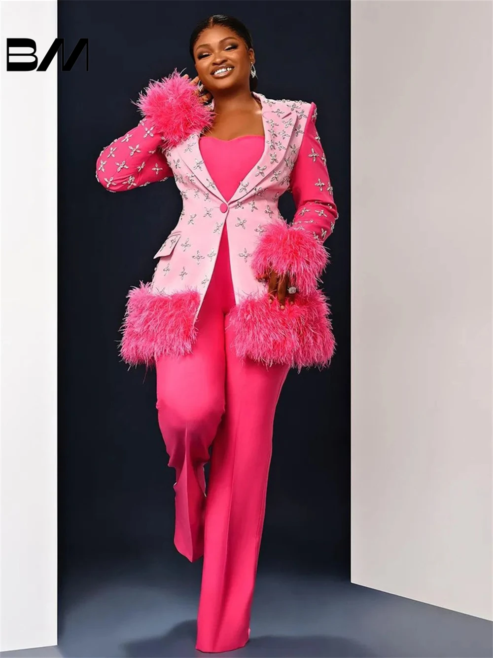 Super Long Pink Feather Slim Fit Pants Suits Set for Women, Wide Leg, Custom Made, Office Lady Party, Prom Dress, Fashion, 2024