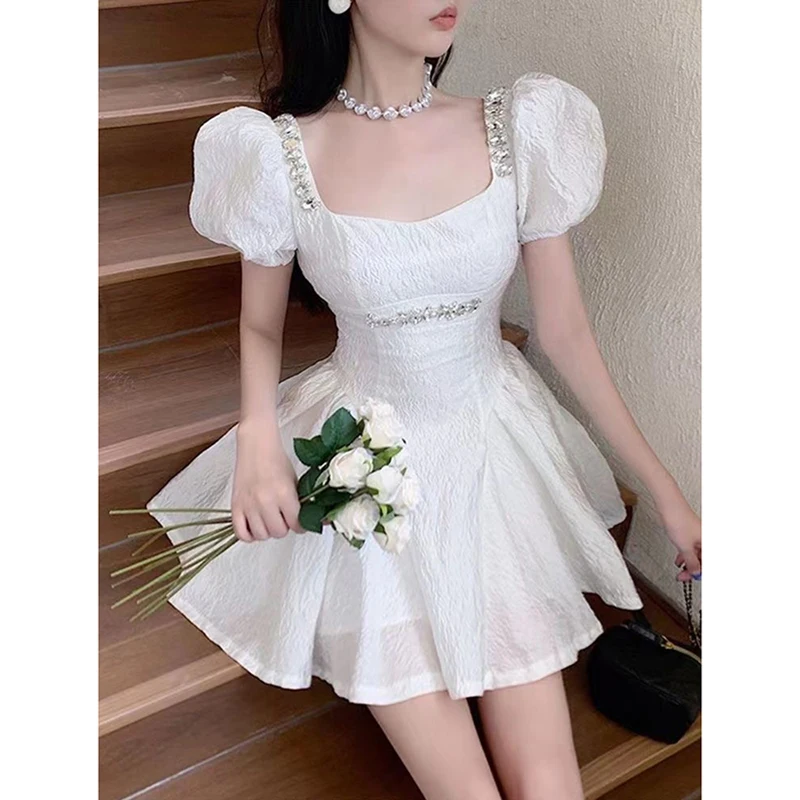 

Short Sleeve Party Dress Women Princess Style Rhinestone Design Patchwork Slim Waist A-line Ball Gown Puff Mini Dress Streetwear
