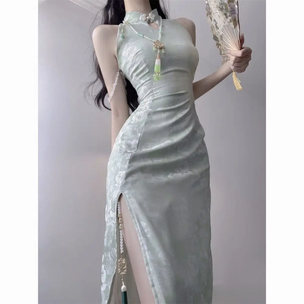 

Sexy green cheongsam print sleeveless hanging neck Chinese style women open spring and summer daily long retro qipao dress