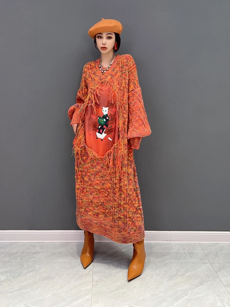 

2023 autumn and winter new women's long sweater thick knit dress fringe color cartoon loose warm plus size women's wear