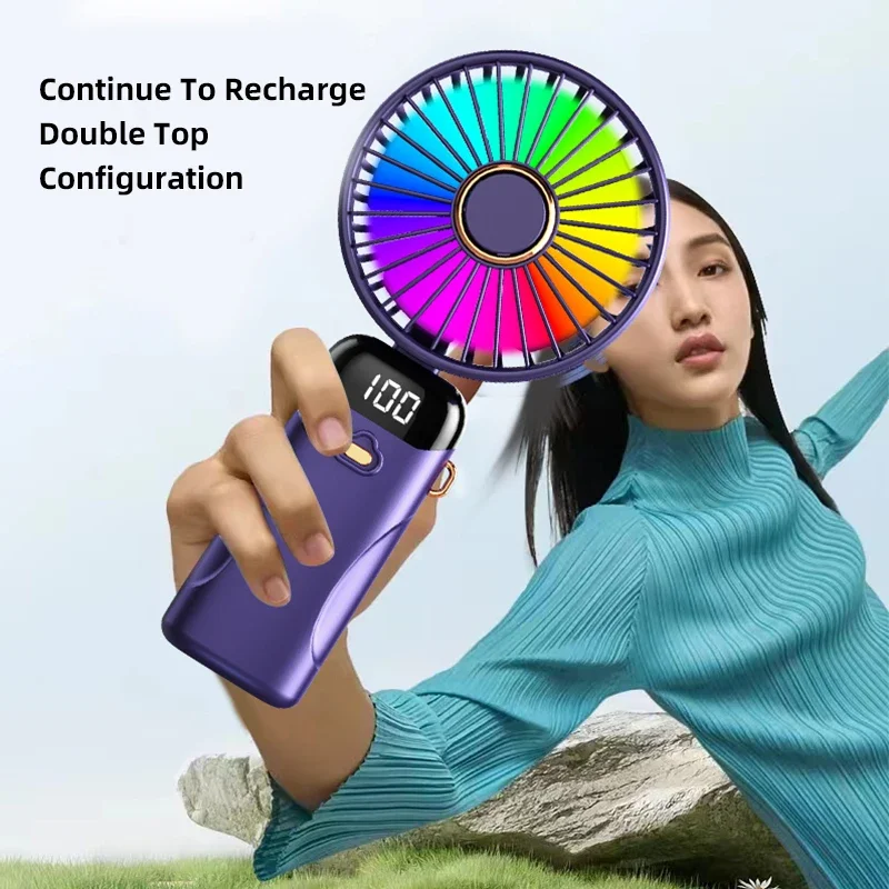 Handheld Mini LED Fan Foldable Portable Desk Outdoor Neck Hanging 6 Speed Colorful Rechargeable Fan Phone Stand Display Screen