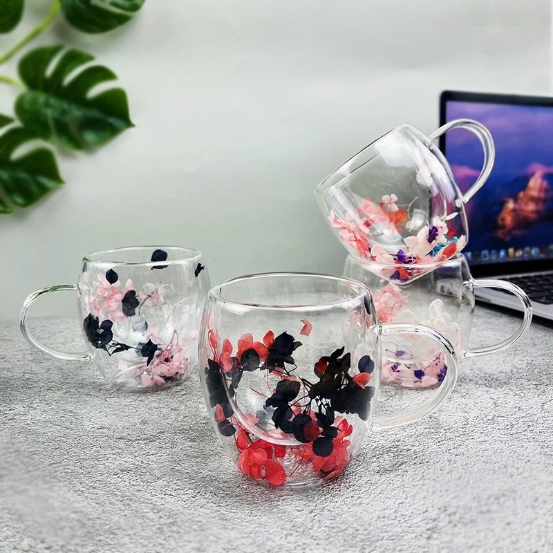 Taza de café de doble pared con asas, tazas de leche transparentes, regalos, vaso de vidrio de borosilicato alto, relleno de flores simuladas, 250/350ml