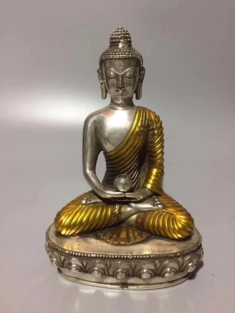 

Collection Tibet Silver Carved Sakyamuni Gold Plating Buddha Statue Peace And Auspiciousness Home Decoration Crafts