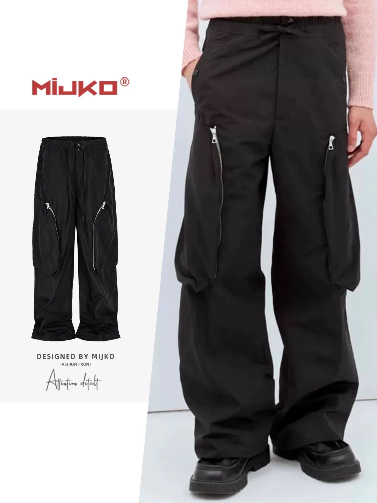 MIJKO Black Nylon Pants with Large Pockets Zipper Drawstring Men's