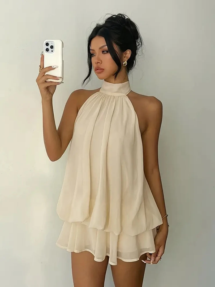 Women's Halter Neck Backless Chiffon Ruffle Mini Dress 5