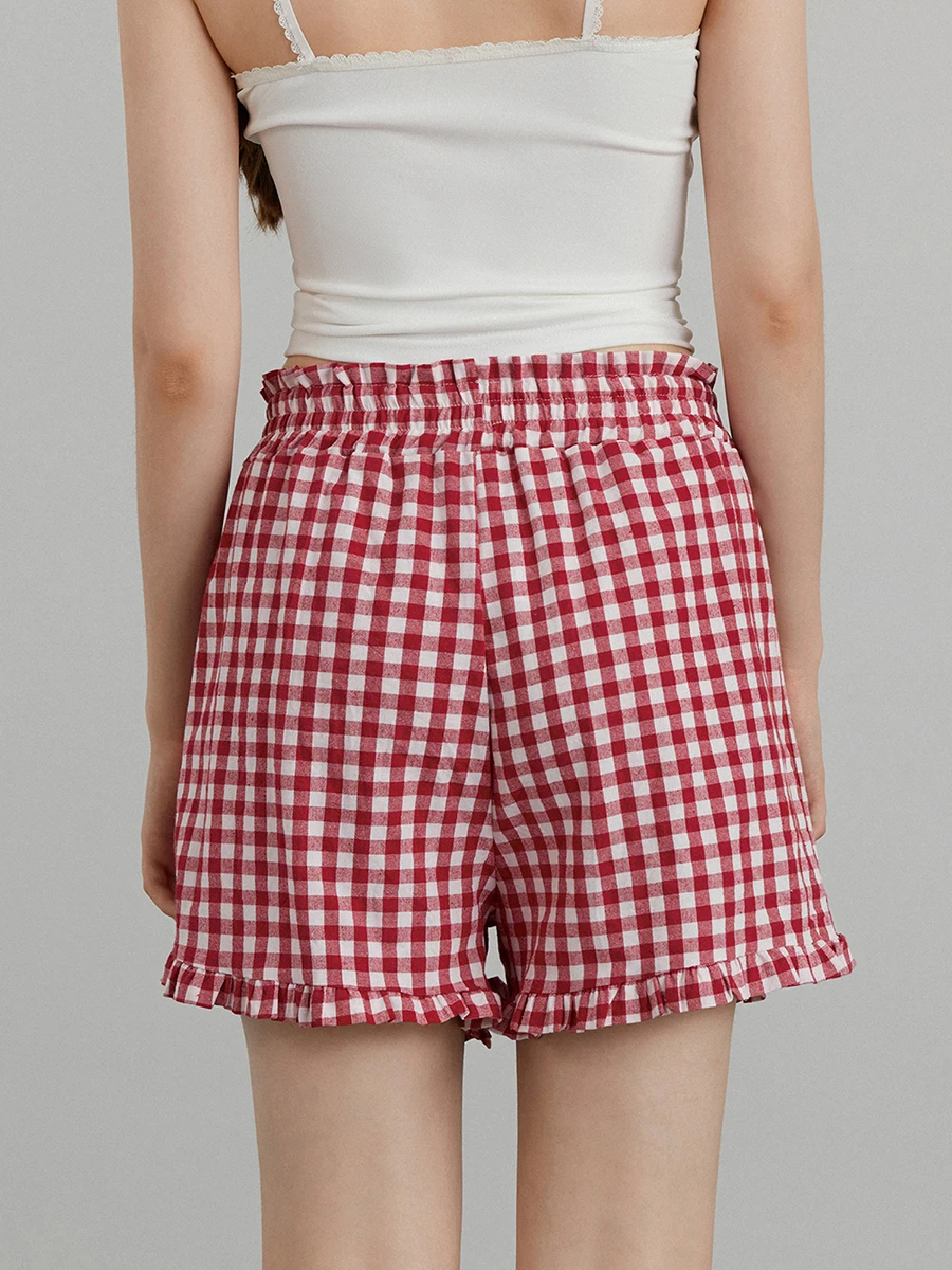 

Y2K Plaid Shorts for Women Ruffle Hem High Waist Gingham Shorts Lounge Pajama Boxer Shorts Pj Bottom Going Out Shorts