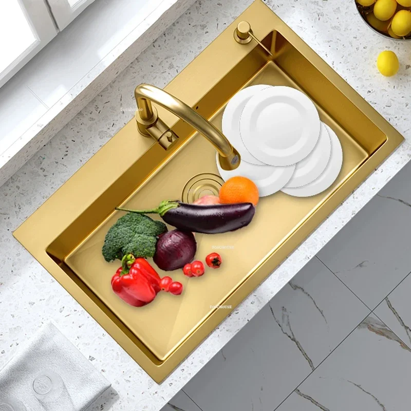 Stainless Steel Gold Kitchen Sinks Household Kitchen Accessories Light Luxury Handmade Single-slot Under-counter Sink