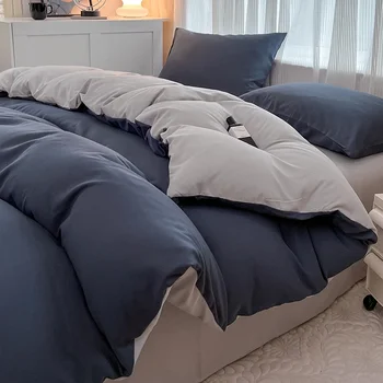 Parure de lit en tissu brosse de couleur unie, 2 côtés, 4 pièces, housse de couette, taie d'oreiller, drap de lit, housse de couette, simple, Queen, King Size 1