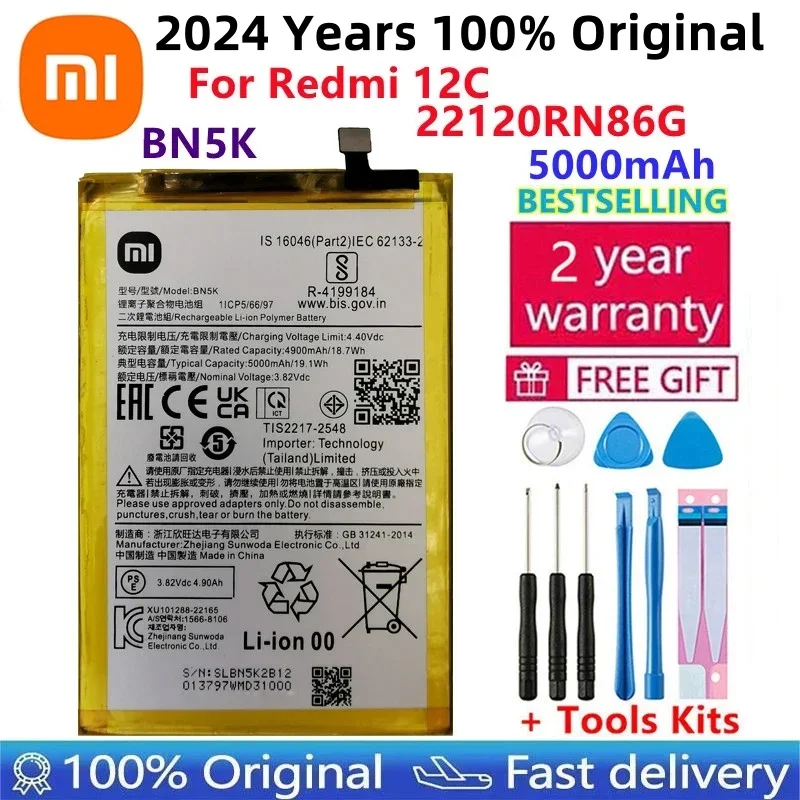 

100% Original High Quality New Replacement 5000mAh Battery BN5K For Xiaomi Redmi 12C Genuine Phone Batteries Bateria