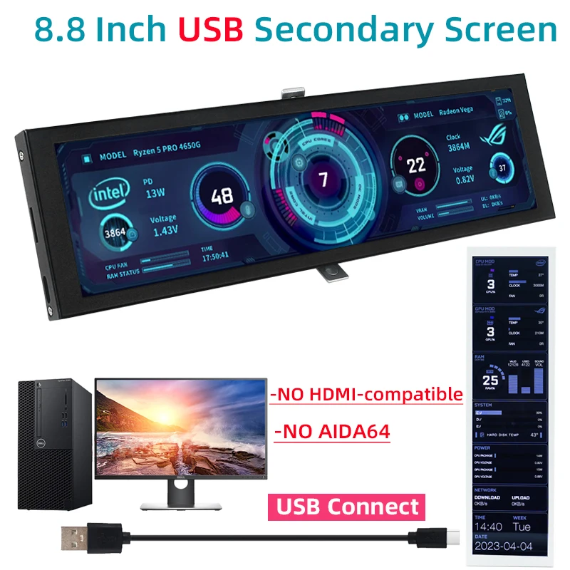 

8.8 Inch USB Secondary Screen Type C Connect NO HDMI-compatible Display 1920*480 IPS LCD CPU RAM GPU Monitor Without AIDA64