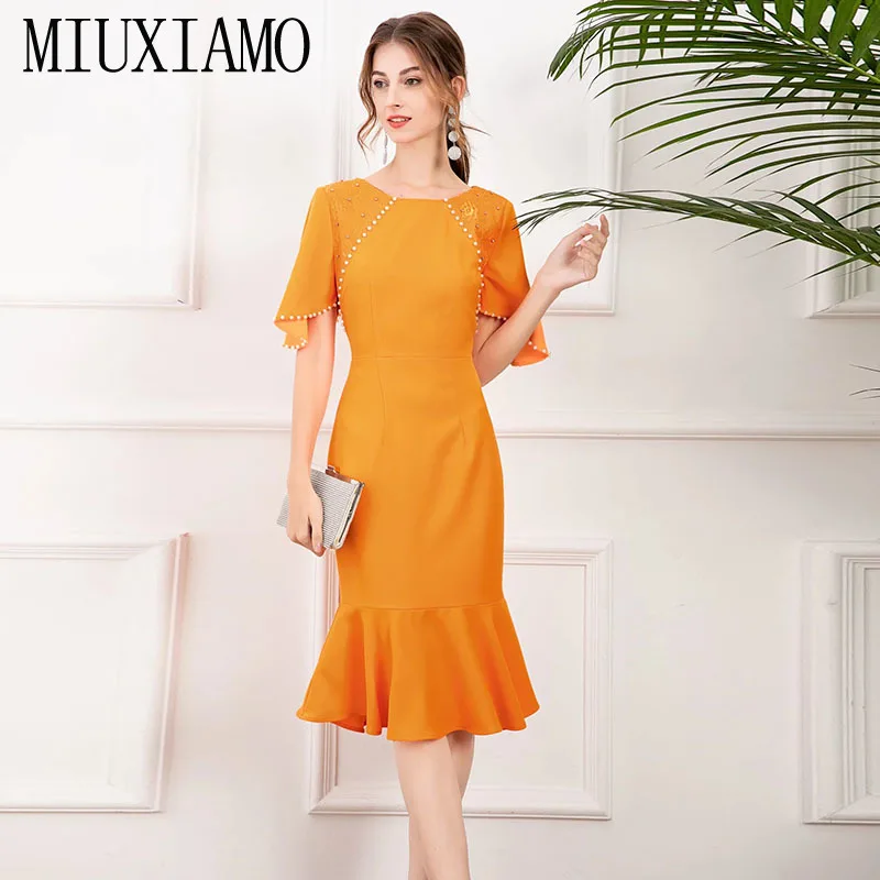 

MIUXIMAO 2022 High Quality Spring/ Summer Elegant Dress O-Neck Short Sleeve Beading Fashion Long Figure with Dress Women Vestide