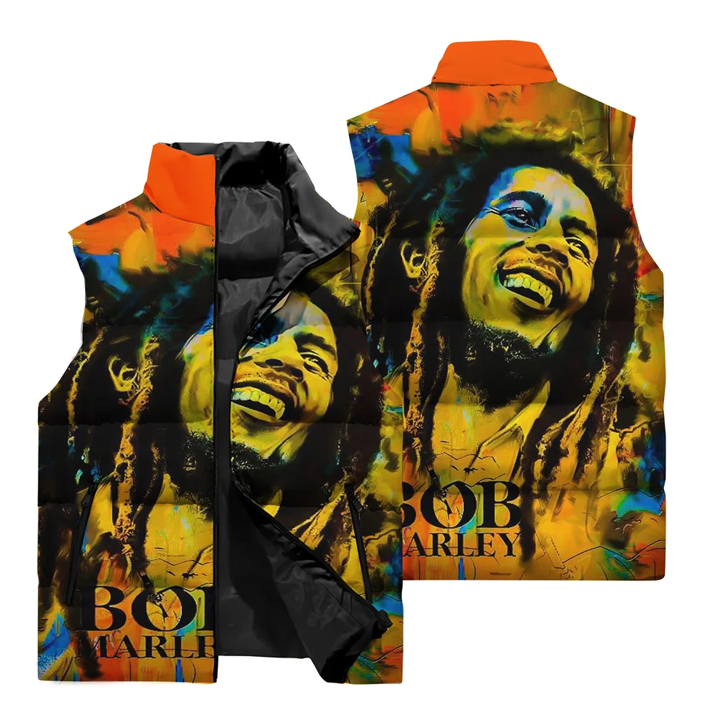 thumbnail image 2 of Chaqueta sin mangas con estampado 3D de Bob Marley Singer para hombre, para deportes al aire libre, estilo hip hop callejero, clásica, con cuello alto y cremallera, 2 of 5