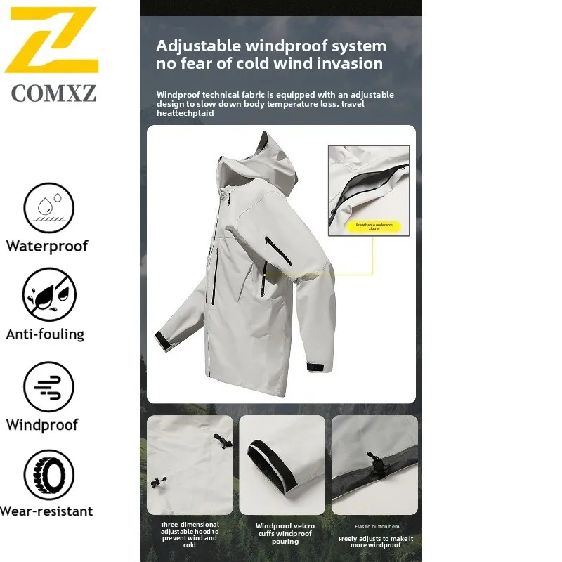 COMXZ Men Outdoor Softshell Windbreaker Waterproof Windproof Hiking Climbing Coat Stretch Breathable Mountain Style Hood Jacket