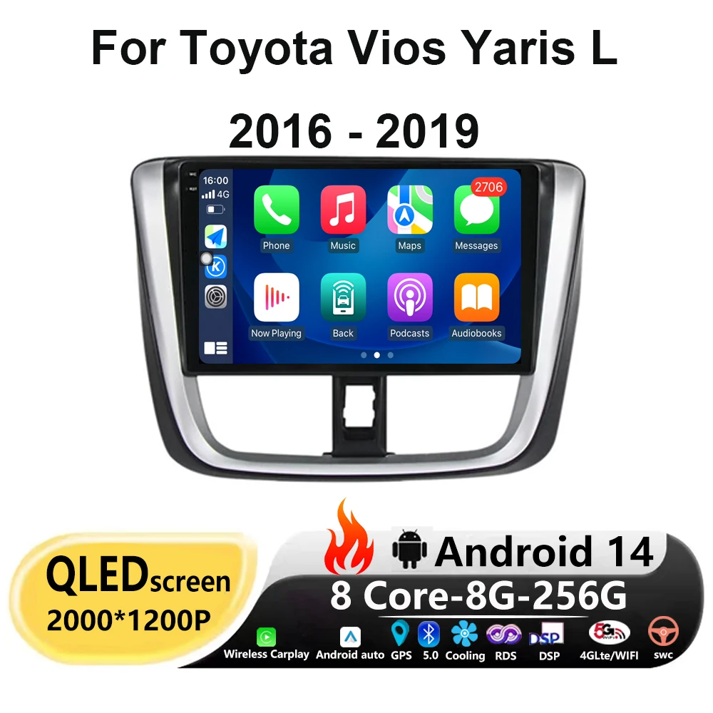 

Android 14 Auto Carplay For Toyota Vios Yaris L 2016 - 2019 Car Radio Multimedia Video Player Navigation 4G WIFI GPS DSP NO 2Din