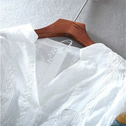여성용 코튼 레이스 블라우스, 루즈한 상의, 자수 꽃 브이넥, 랜턴 소매 셔츠, 템퍼러먼트 얇은 셔츠, 여름 3