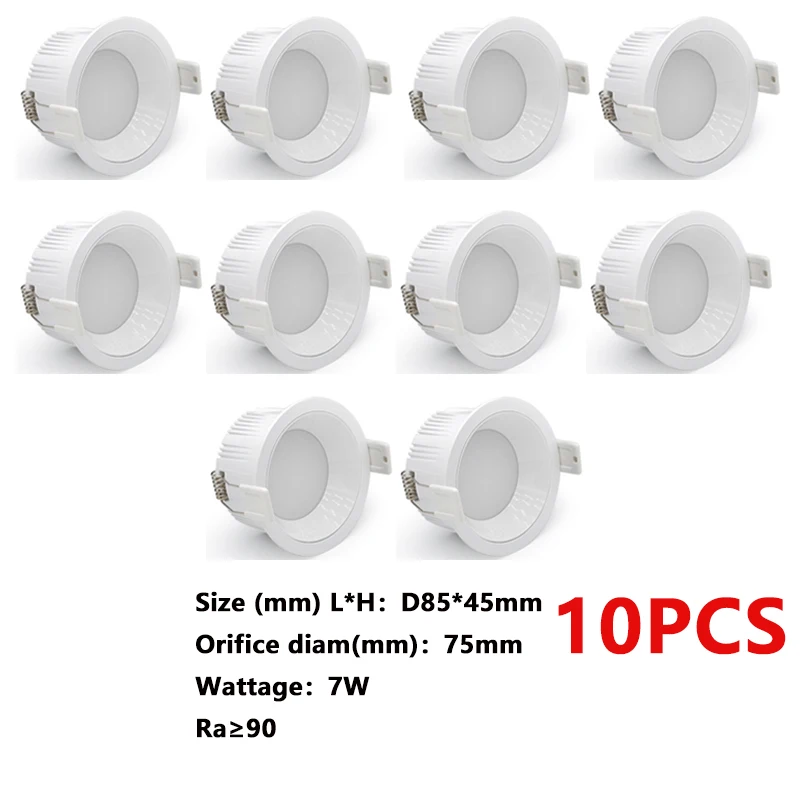 10PCS LED Downlight Recessed Ceiling Lamp 5W 7W Anti-Glare Eye Protection Ceiling Lamp Round Panel Down Lights AC85-265V Ra&ge;90