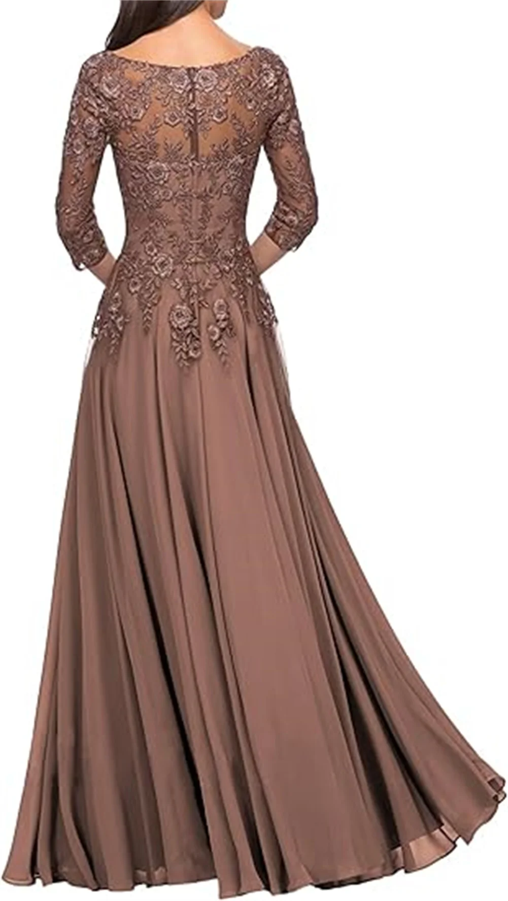 Mother Of The Bride Dresses Long Chiffon Evening Dress V Neck Lace Flowers Appliques Formal Party Gowns With Sleeves
