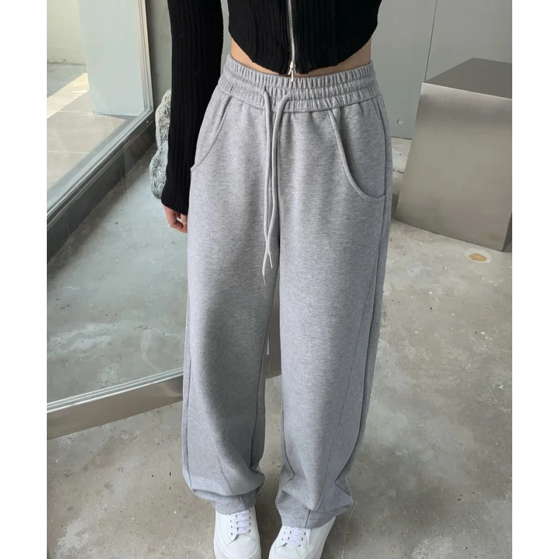Grey Sports Pants Women's High Waisted Wide Leg Straight Drawstring