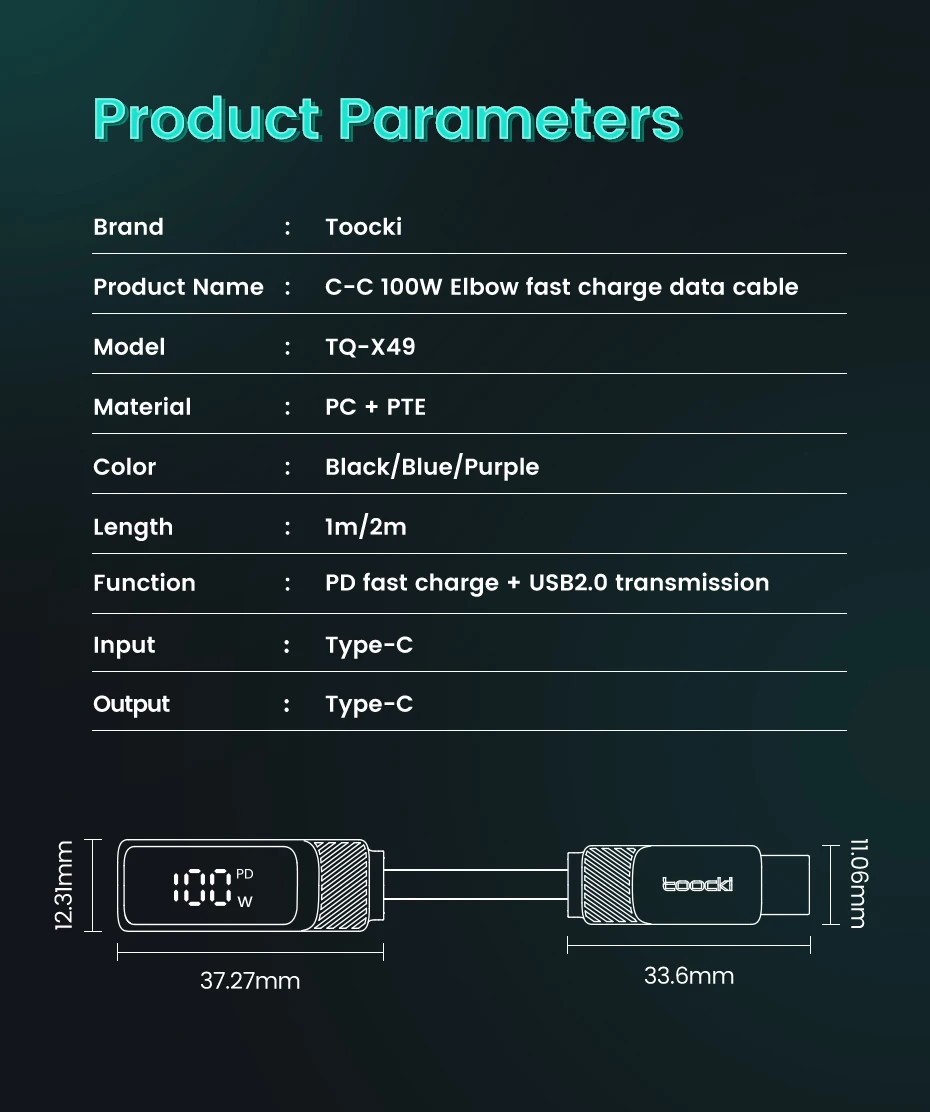 USB Type C Cable to USB C 90 Degree PD 100W Fast Cahrging for OPPO Macbook Xiaom