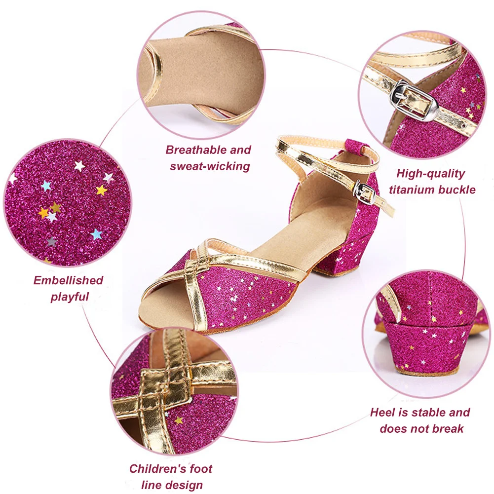 Girls Princess Shoes Sequined Latin Dance Shoes Peep-Toe Sandals Pumps with Heel Pearl Crystal Bling Kids School/Team Shoes