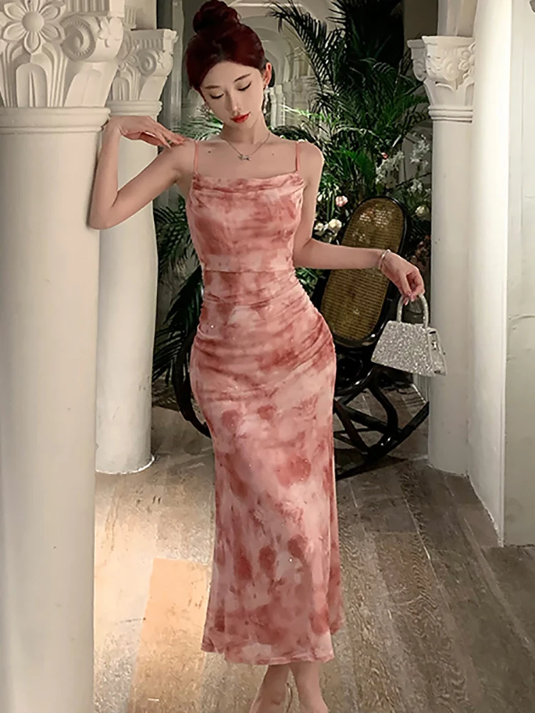

Women Pink Print Mesh Chic Diamonds Luxury Long Dress Summer Elegant Casual Sling Dress 2024 Boho Fashion Bodycon Holiday Dress