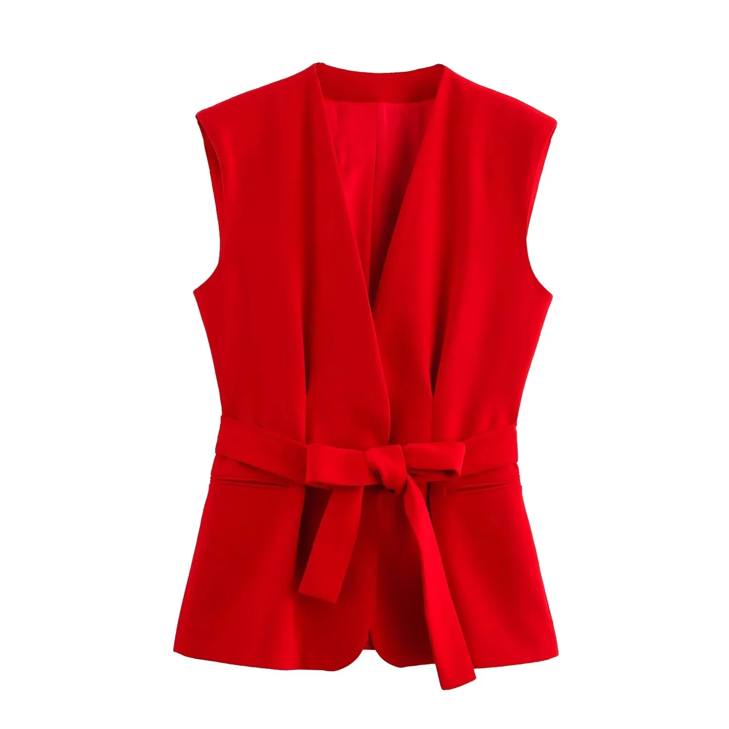 Lady Chic Red Vest Blazer Suit V Neck Sashes Sleeveless Blazer High Waist Wide Leg Pants Fashion Summer Sets