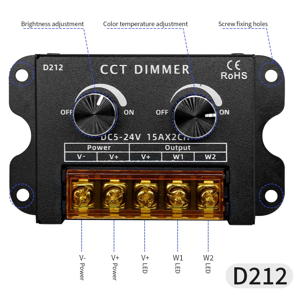 LED 신호 증폭기 CCT 조광기, 듀얼 화이트, 고속 증폭기 컨트롤러, CCT LED 스트립용, DC5V, 12V, 24V, 30A, 2CH