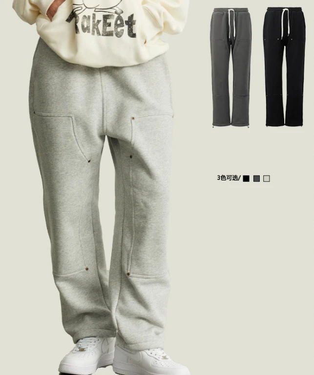 

Man Retro Riveted Double Knee Straight Sweatpants Fashion Brand Wool and Fleece Thick Pants Autumn and Winter New American