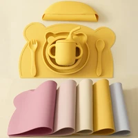 7PCS Silicone Baby Tableware Set Adjustable Bib Heat Insulation Placemat Suction Bowl Dishes Portable Sippy Cup Soft Utensils 1