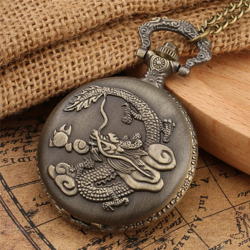 

Retro Pocket Watch Traditional Chinese Zodiac Style 3D Dragon Analog Quartz Movement Pendant Necklace Chain Birthday Gift